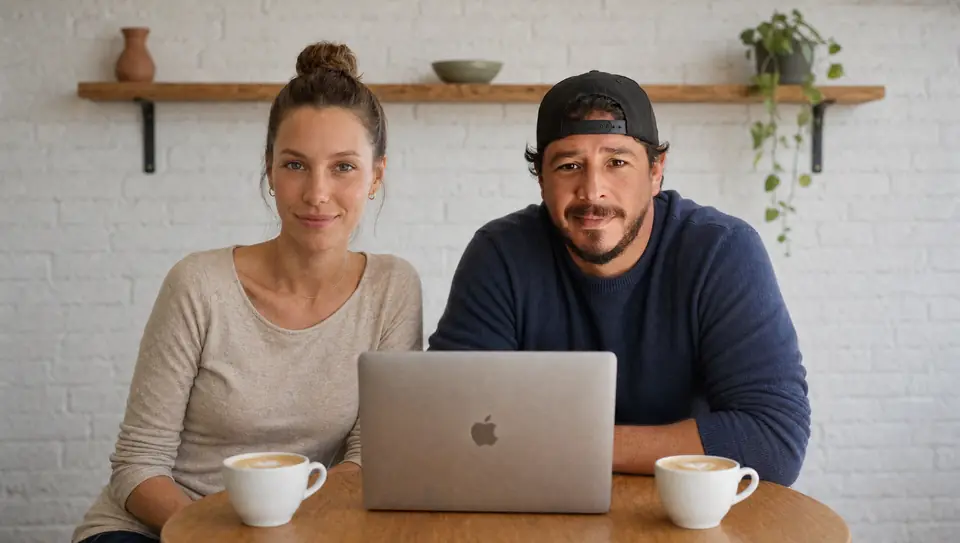 Claire and Eddie at a cafe table, from the Both Sides of the Lease podcast